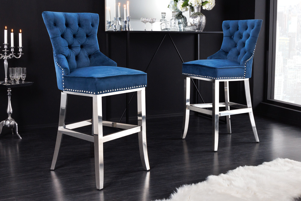 Design Barhocker CASTLE DELUXE royalblau Samt silber Edelstahl mit Lehne Chesterfield