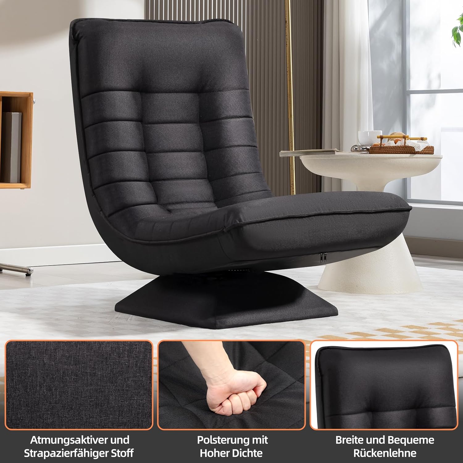 Sessel Wohnzimmer Verstellbare Rückenlehne, 360° Drehbar Leinen Bodenstuhl, Keine Montage Erforderlich Gaming Bodensofa Klappbar, 150kg Belastbarkeit Relaxsessel, Lesesessel, Schwarz