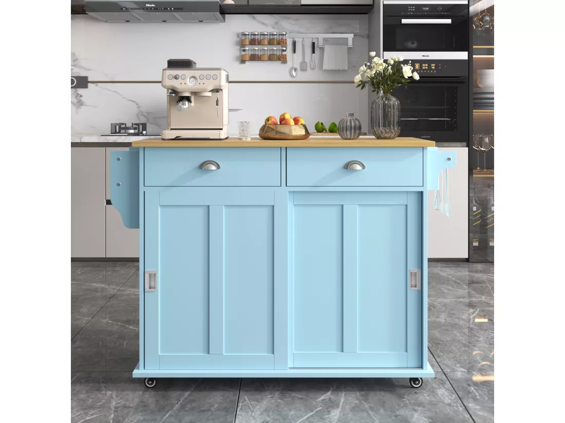 Ilot central de cuisine mobile avec 2 portes coulissantes - plateau extensible - 112x40(70)x94 cm - Bois MDF + métal - Bleu et bois