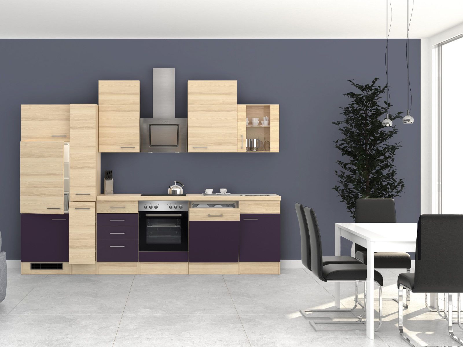 Küchenblock FOCUS - Akazie-Aubergine - mit E-Geräten - 310 cm