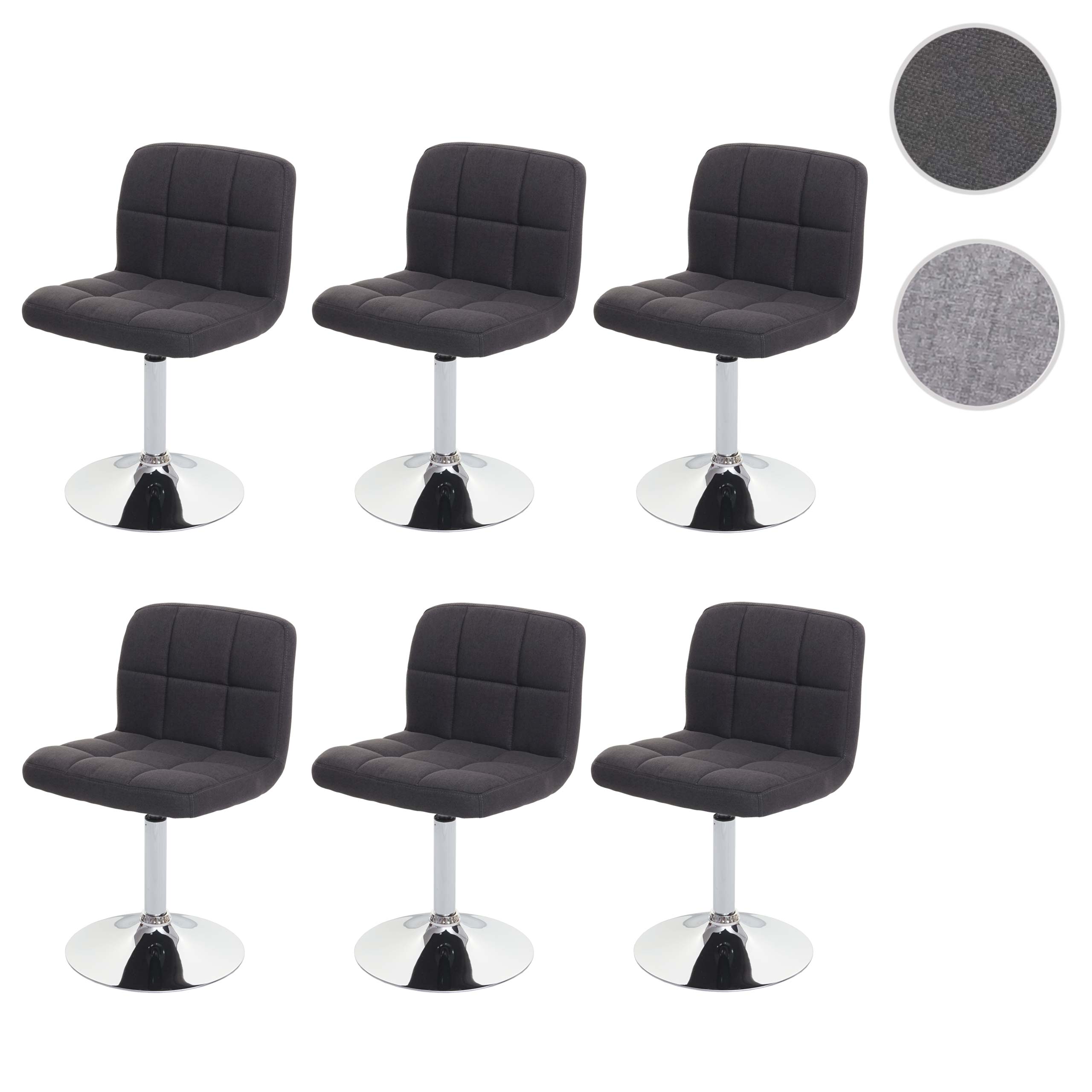 6er-Set Esszimmerstuhl Cadiz, Küchenstuhl Stuhl, Stoff/Textil Chrom drehbar MVG-zertifiziert ~ dunkelgrau