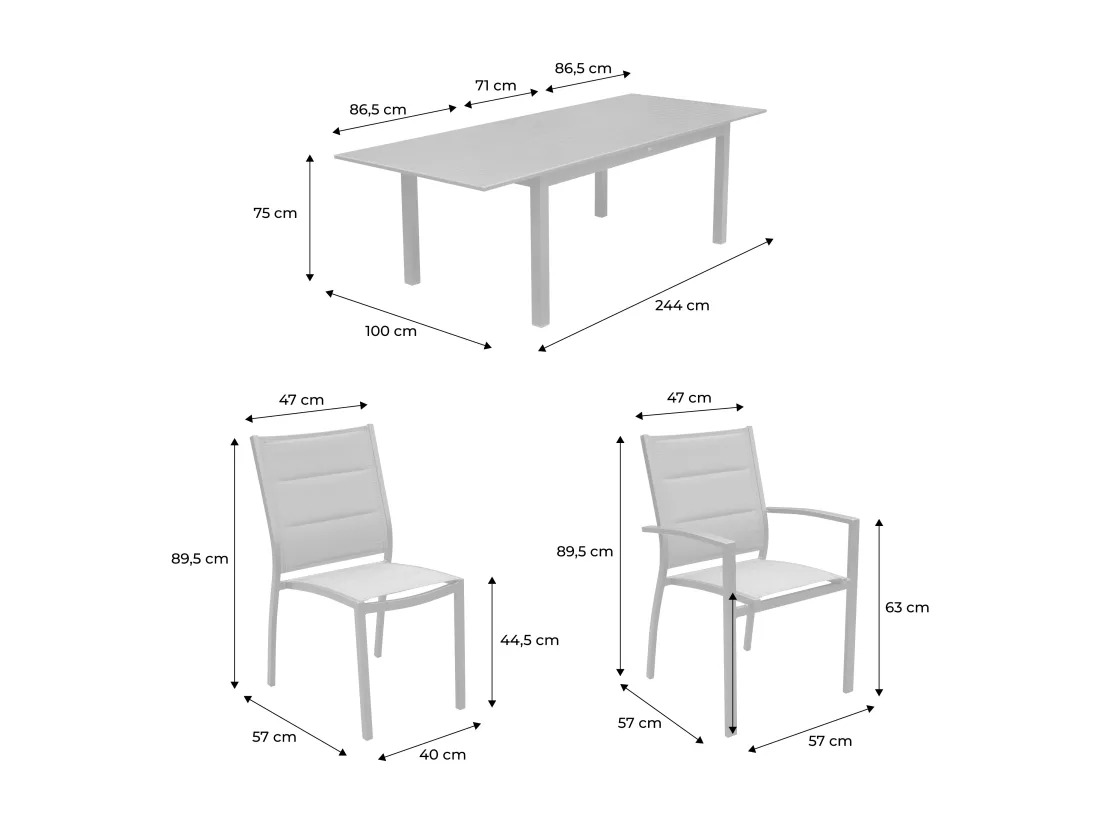 Table de jardin extensible aluminium + 8 assises - Chicago Blanc / Taupe - Table extensible 175/245cm avec rallonge et 8 assises en textilène