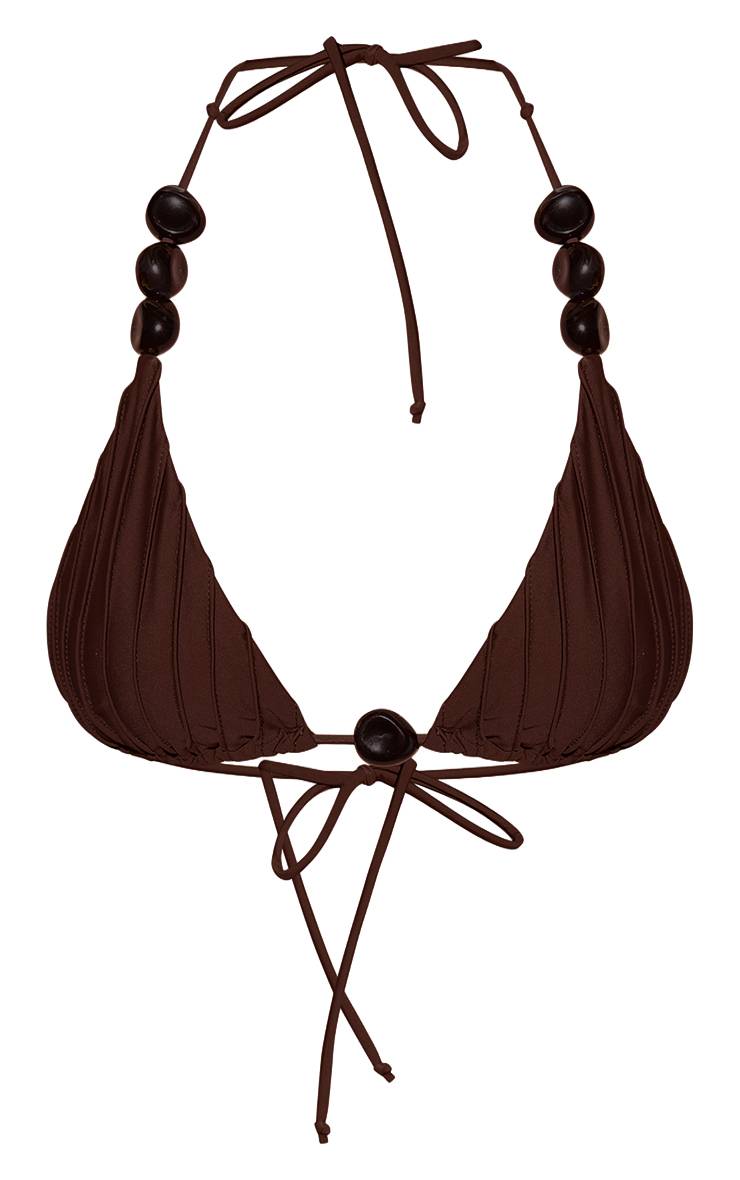 Chocolat Haut De Bikini Triangle Plissé À Perles Pour Natation