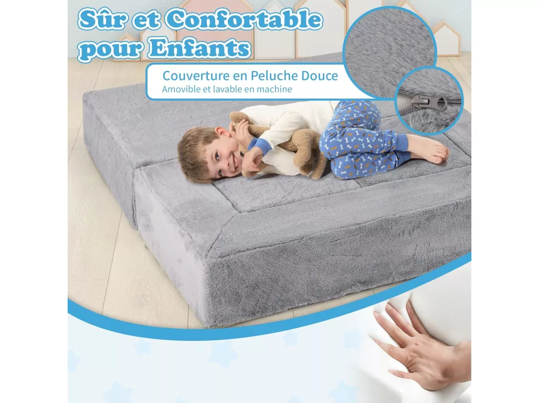 Canapé Modulaire 2 Places pour Enfants en Mousse, Canapé Enfant Convertible & Pliable en Peluche avec Housses Amovibles & Lavables, Canapé en Mousse pour Salle de Jeux et Chambre