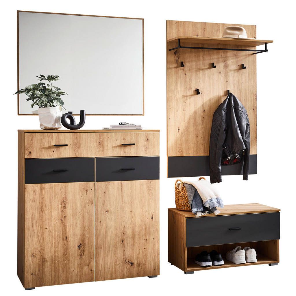 Carryhome Garderobe Pete Anthrazit Eiche Artisan Holzwerkstoff 4-teili