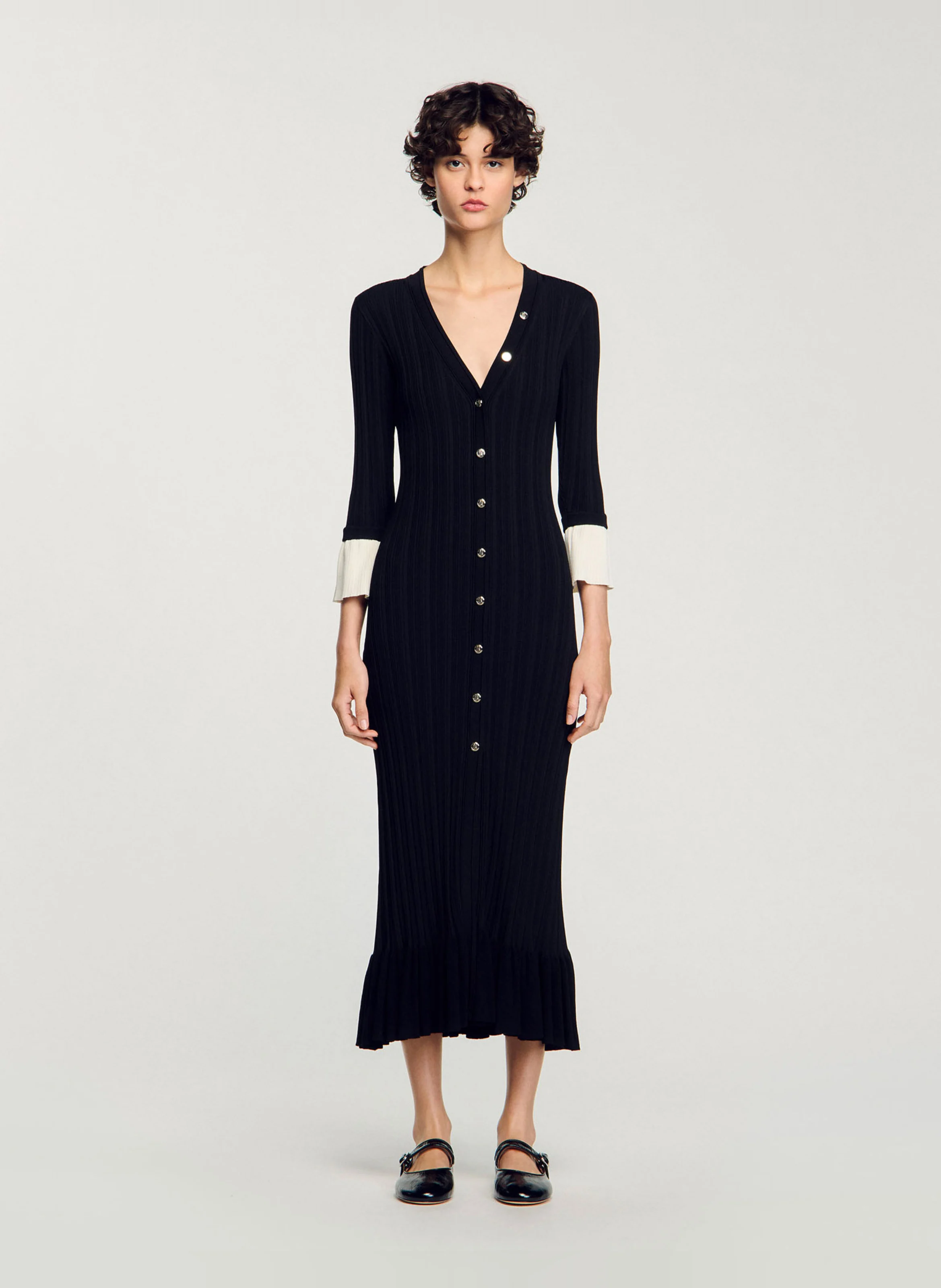 Robe longue moulante col V | Noir