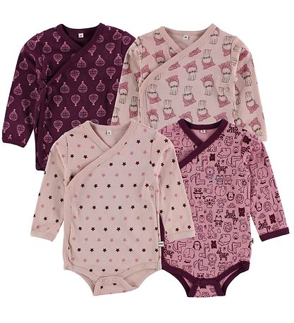 Pippi Slå-om-Bodyer - 4-pak - M?rklilla/Rosa m. Print
