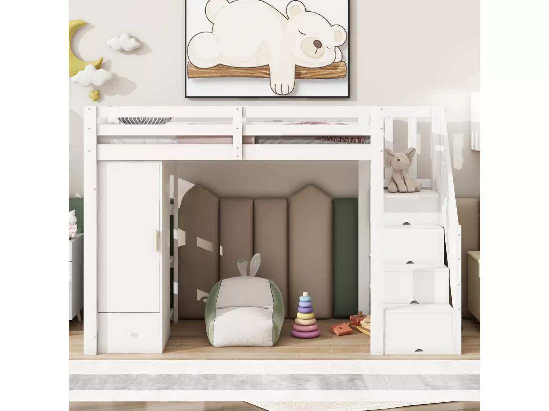 Lit mezzanine 90 x 200 cm avec armoire, 4 tiroirs et étagères de rangement - Pin + MDF - Blanc (sans matelas)