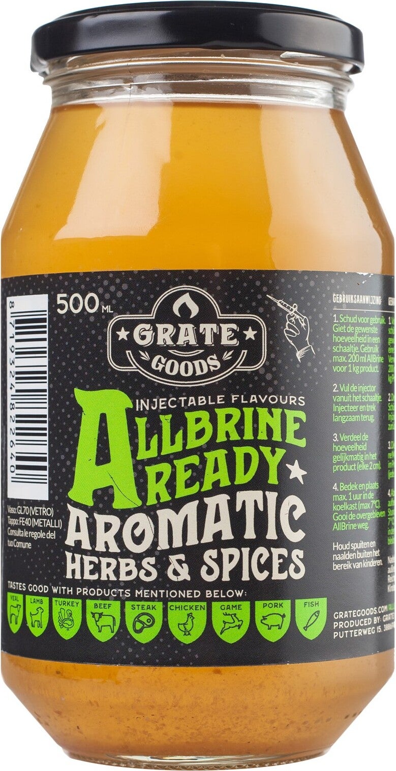 Grate Goods injectiespuit met marinade Allbrine ready aromatic herbs & spices