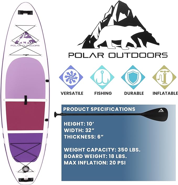 Polar Outdoors by Roc Inflatable Stand Up Paddle Board with Premium SUP Paddle Board Accessories, Wide Stable Design, Non-Slip Comfort Deck for Youth & Adults.