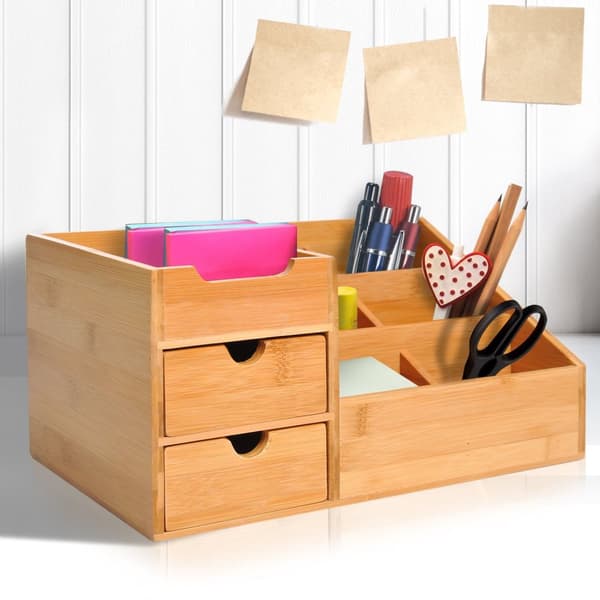 Desk Organizer Kontoroppbevaringsboks Med 2 Skuffer, Organisering Og Orden, Naturlig, L33 X B20,5 X H15,5 Cm