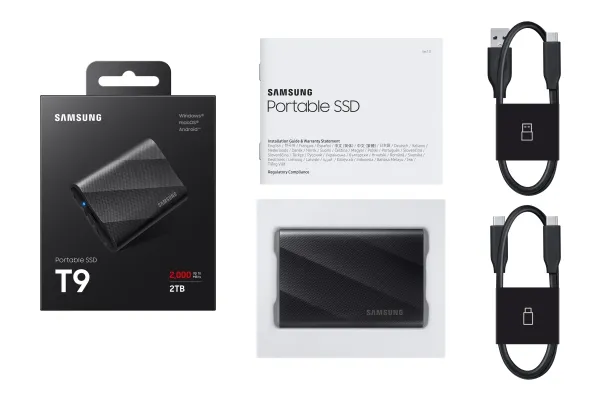 Samsung T9 MU-PG2T0B - SSD - krypteret - 2 TB - ekstern (bærbar) - USB 3.2 Gen 2x2 (USB-C stikforbindelse) - 256-bit AES - sort