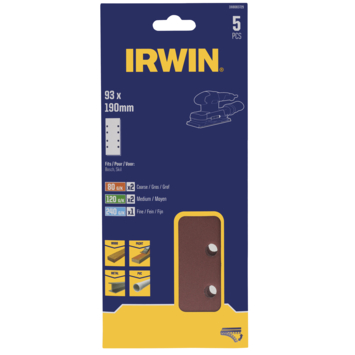 Irwin schuurvel 190 x 93 mm K80/K120/K240 zelfhechtend, met perforatie voor Bosch, Skil, Gamma, Makita, Metabo, 5 stuks.