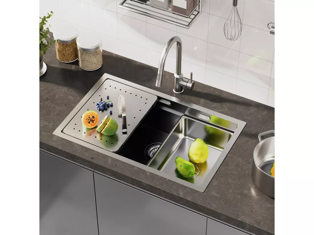 Évier Cuisine 1 Bac 70×44×21CM Évier Inox Brossé avec Egouttoir et Vasque + Mitigeur de Cuisine en Inox Noir étoilé avec Bec Haut et Incurvé