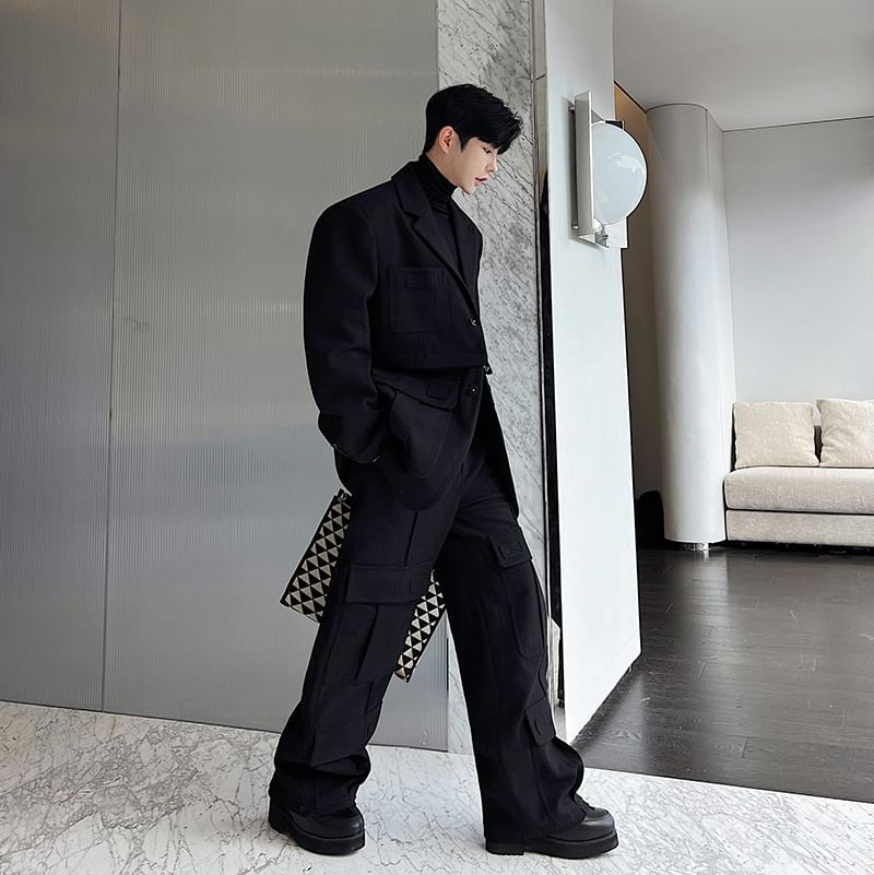 Drawouf - Set: Reverskraag, effen afneembare enkelrijs cargoblazer + Wijde pantalon met hoge taille