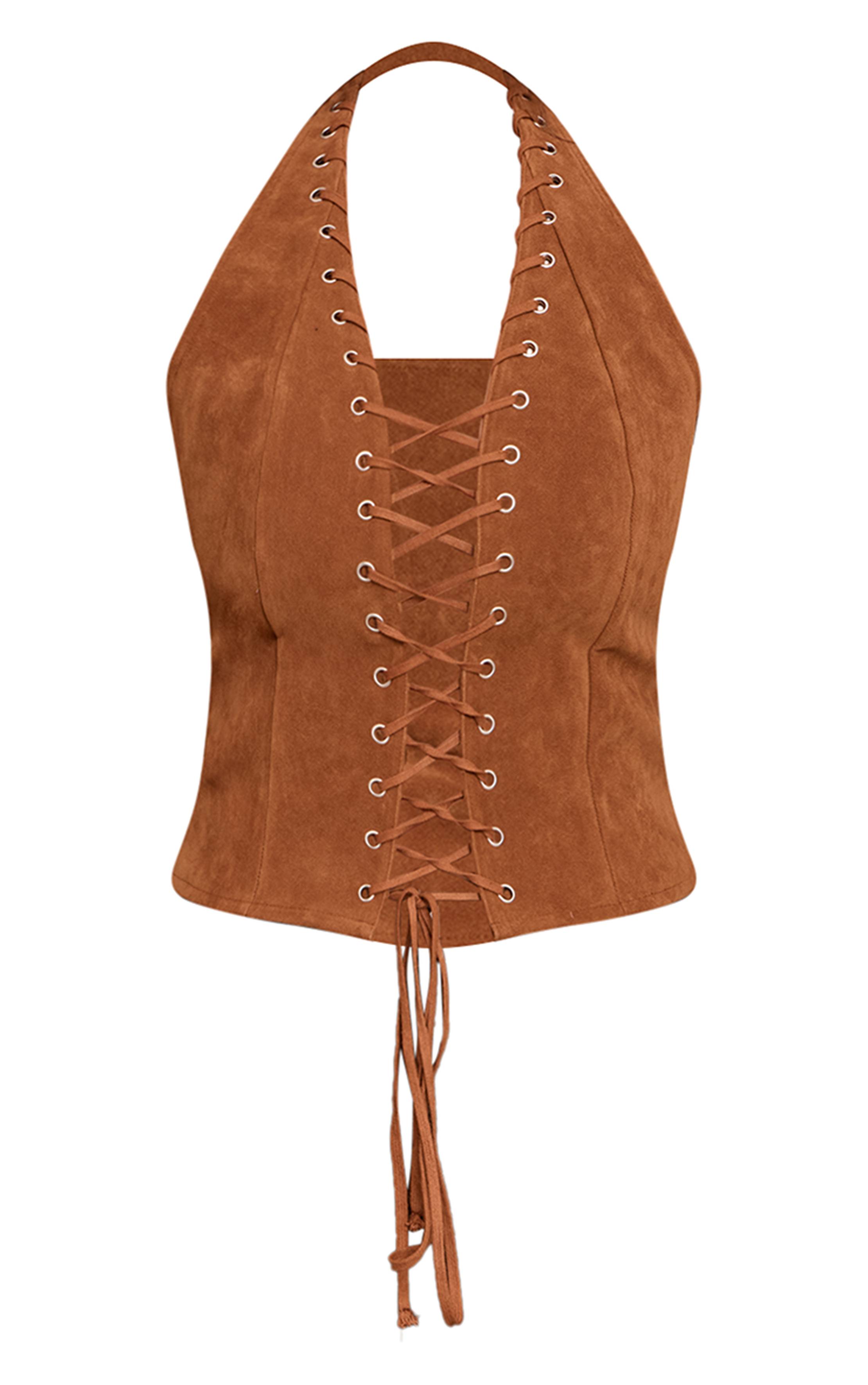 Marron Corset Shape En Synthétique Avec Col Licou Et Laçage