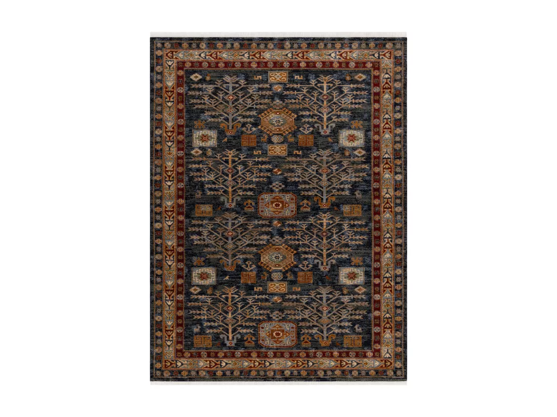 Tapis KESHAN franges Cadre oriental 6174/53511 bleu foncé / bordeaux 120x145 cm