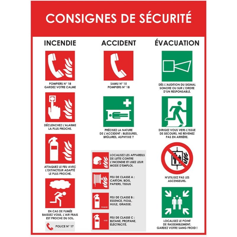 Panneau consignes de securite pvc souple incendie accident  evacuation 40x30cm blanc      rouge