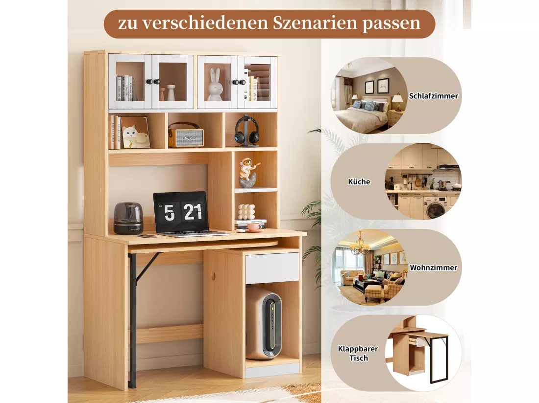 URBAN MEUBLE Bureau effet bois avec étagère rangement tablette rétractable 110*55*180cm
