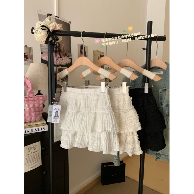 Flowerisque - Hoge taille, effen kanten rand, gelaagde mini-A-lijn rok