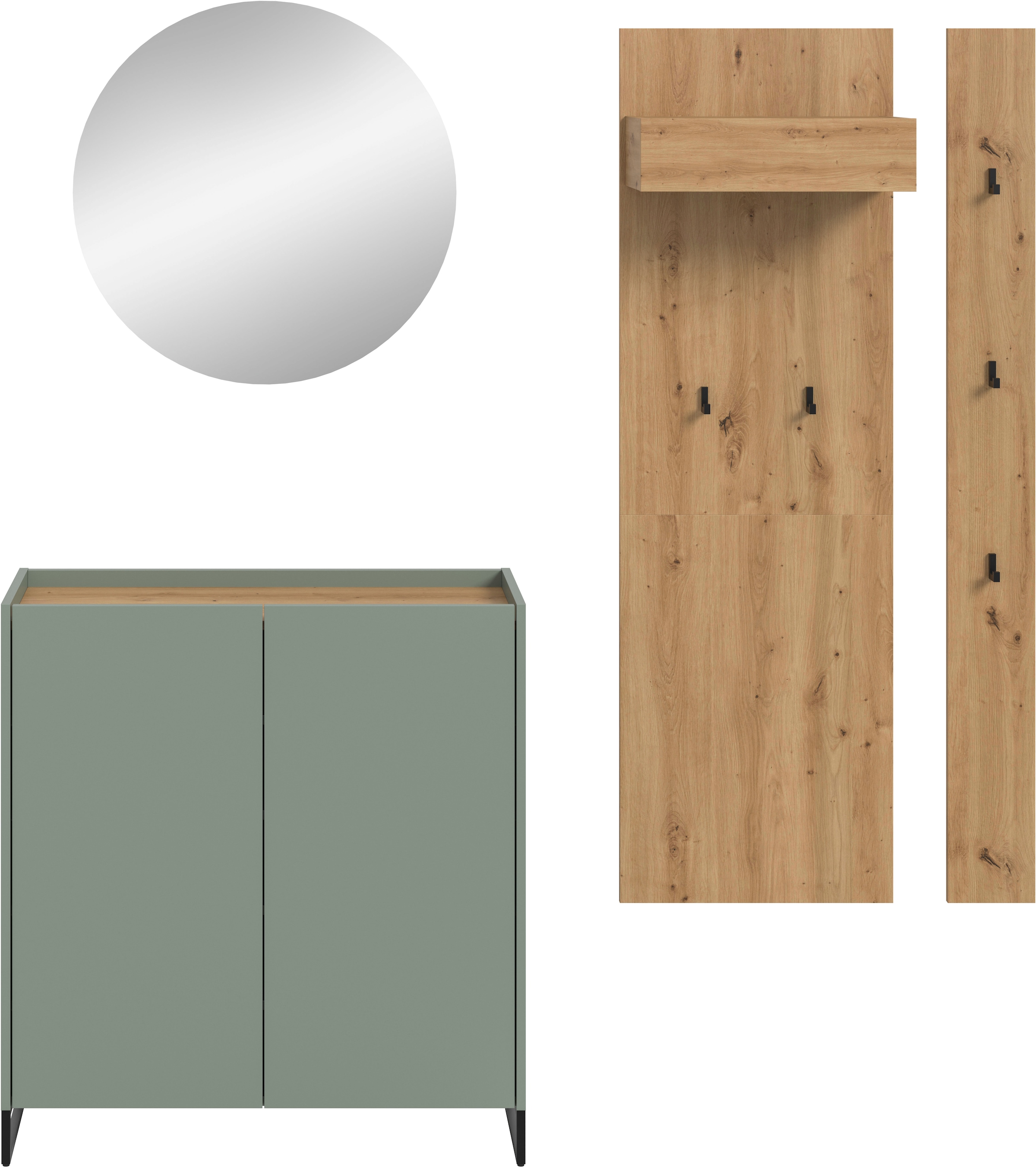 INOSIGN Garderoben-Set »EVRID, 4-teilig, Breite 206 cm, individuell stellbar & erweiterbar« best. aus: Kommode, Spiegel, Garderobenpaneel & Hakenleiste, 4 Stk. tlg.