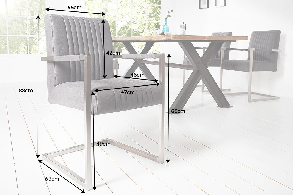 riess-ambiente Armlehnenstuhl BIG ASTON - vintage grau Edelstahl gebürstet Moderner Freischwinger