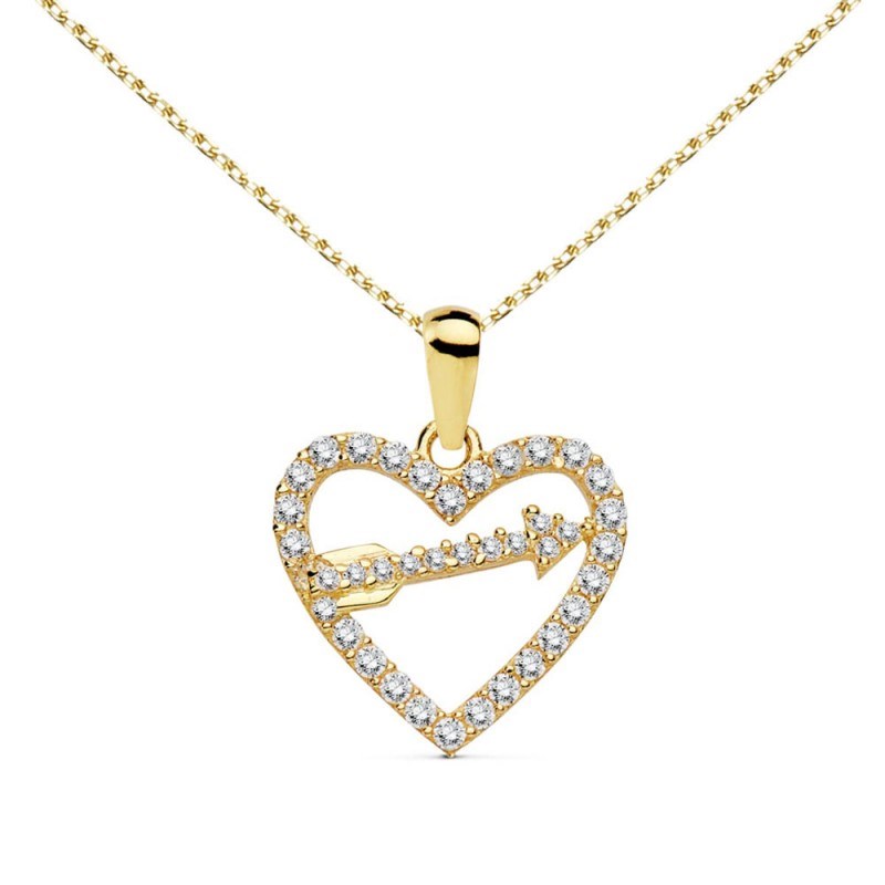 Collier - Pendentif Or 18 Carats 750/000 Jaune  - Coeur et Flèche - Chaine Dorée