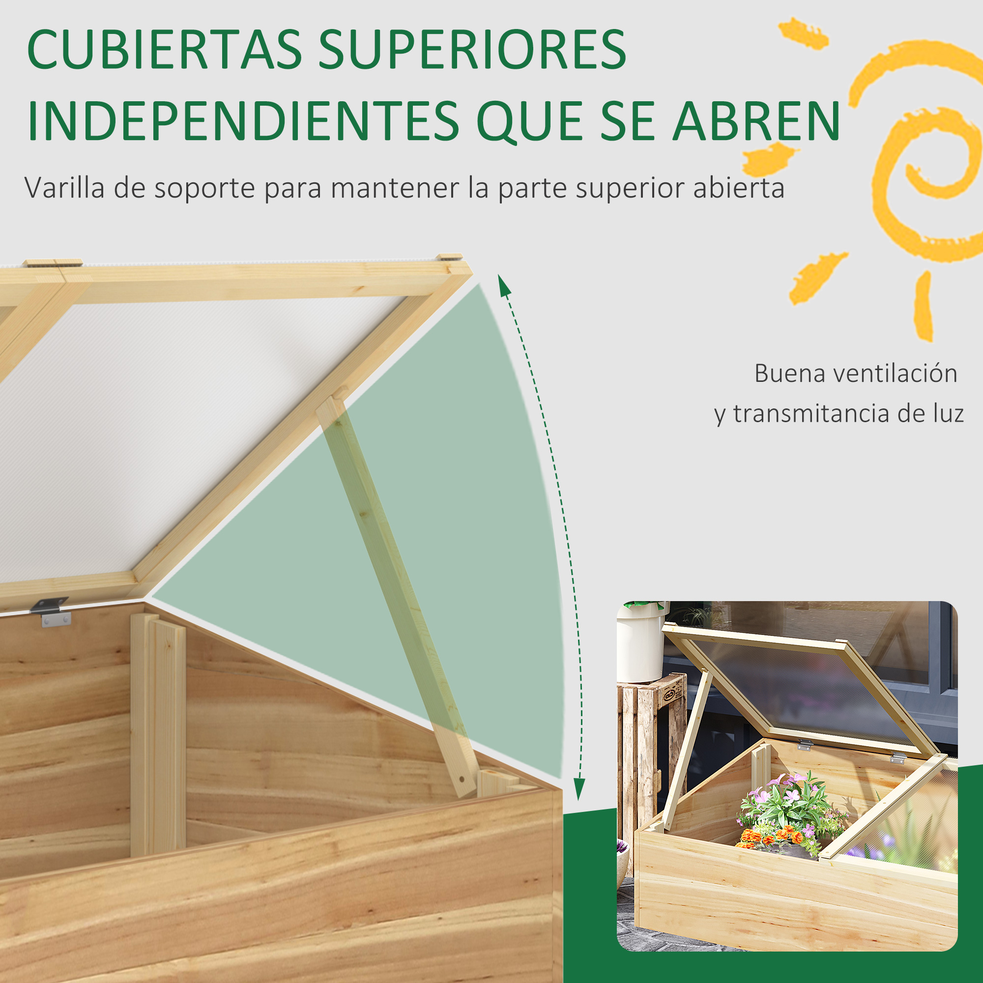 Estufa de madeira Outsunny, para jardim urbano ou viveiro doméstico, com tampa dupla articulada em policarbonato para cultivo de plantas, horta, terraço, pátio e áreas externas, 100x50x36 cm, cor natural.