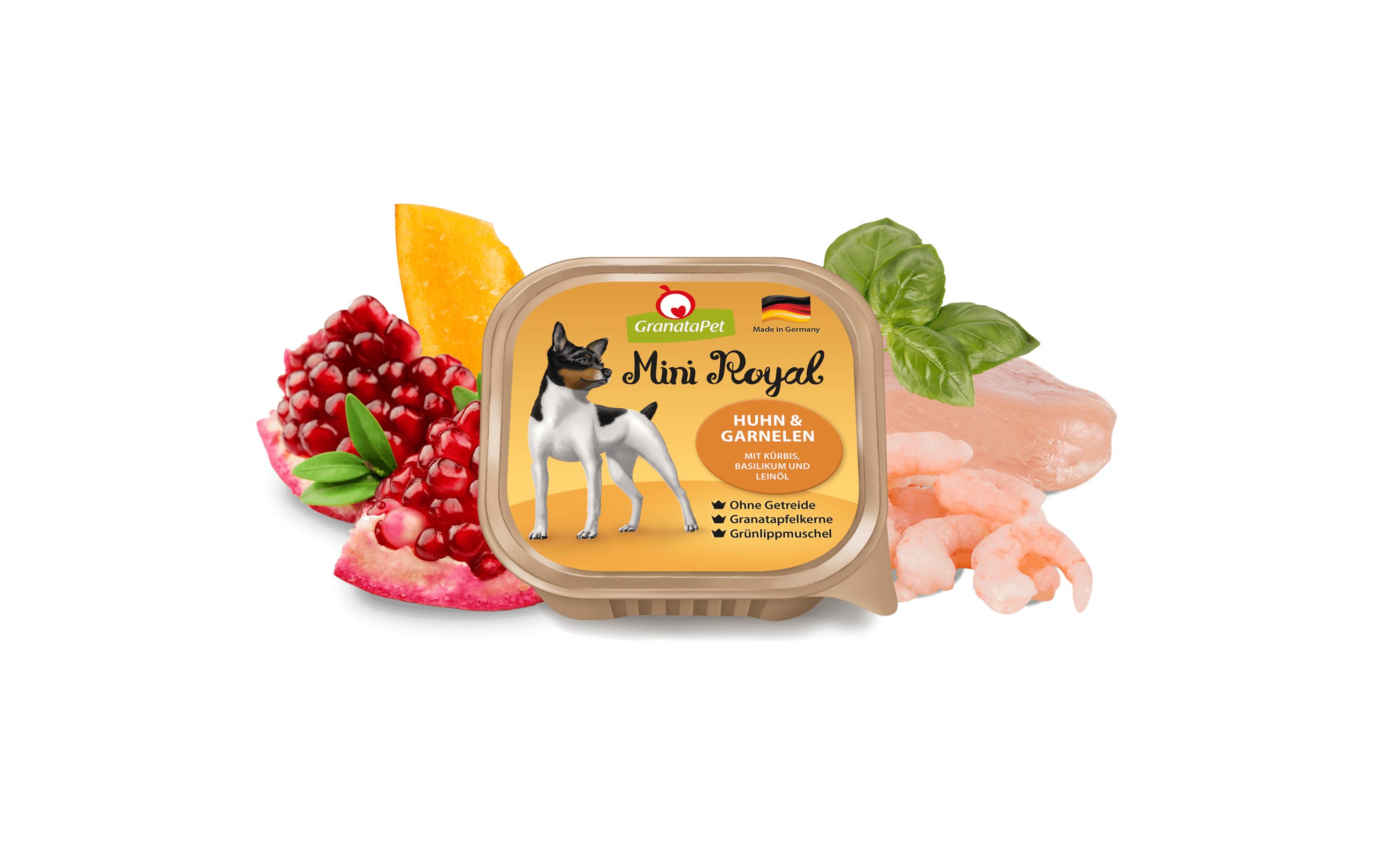 Nassfutter Mini Royal Huhn & Garnelen 150 gAlleinfuttermittel für ausgewachsene Hunde kleiner Rassen (Gewicht 1 - 10 kg)