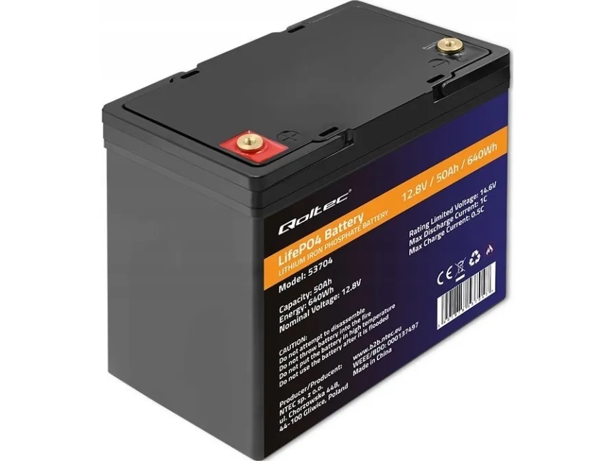 Qoltec LiFePO4 litiumjernfosfatbatteri | 12,8V | 50Ah | 640Wh| BMS
