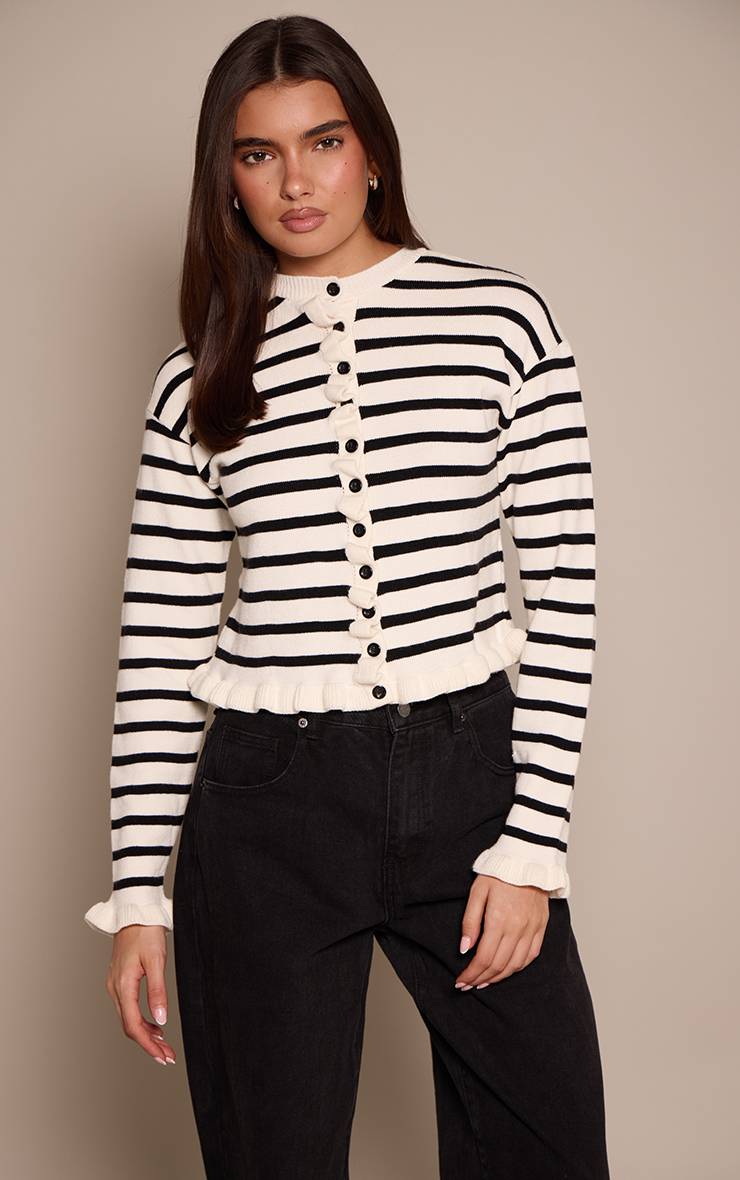 Noir Cardigan Tricoté À Rayures Avec Ourlet À Volants