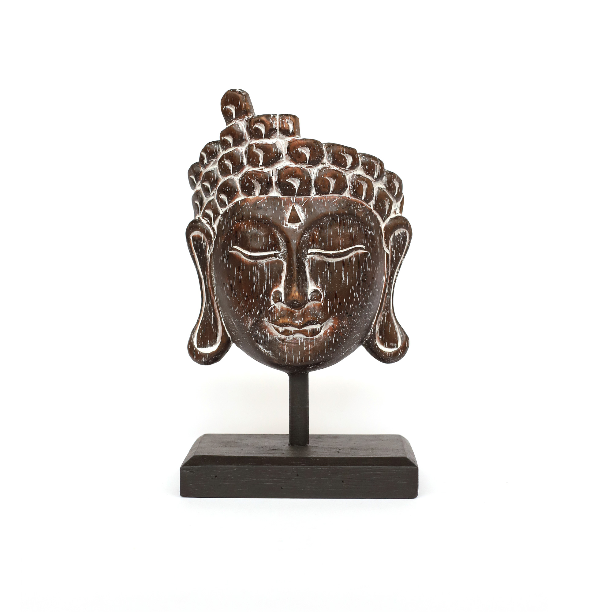Buddha-Maske auf Sockel, schwarzbraun, H 28 cm, B 16 cm, L 10 cm von fischer's lagerhaus