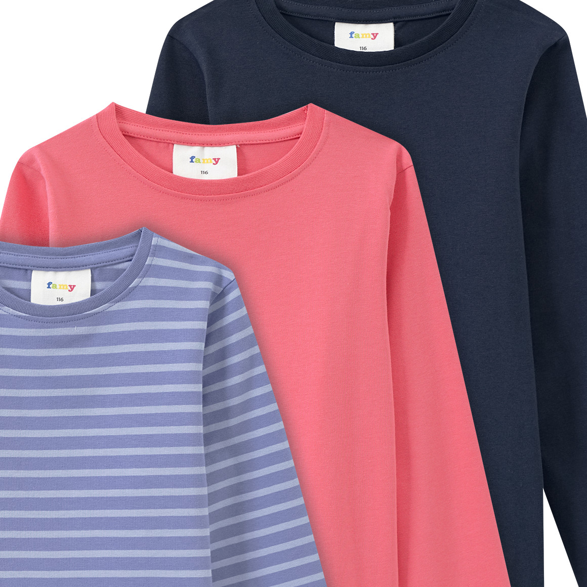 Famy 3 Mädchen Langarmshirts im Set hellblau / pink / dunkelblau