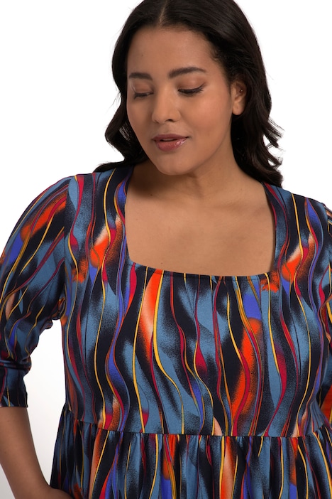Jerseykleid, A-Line, Streifen, , Empirenaht, Carree-Ausschnitt, 3/4-Arm