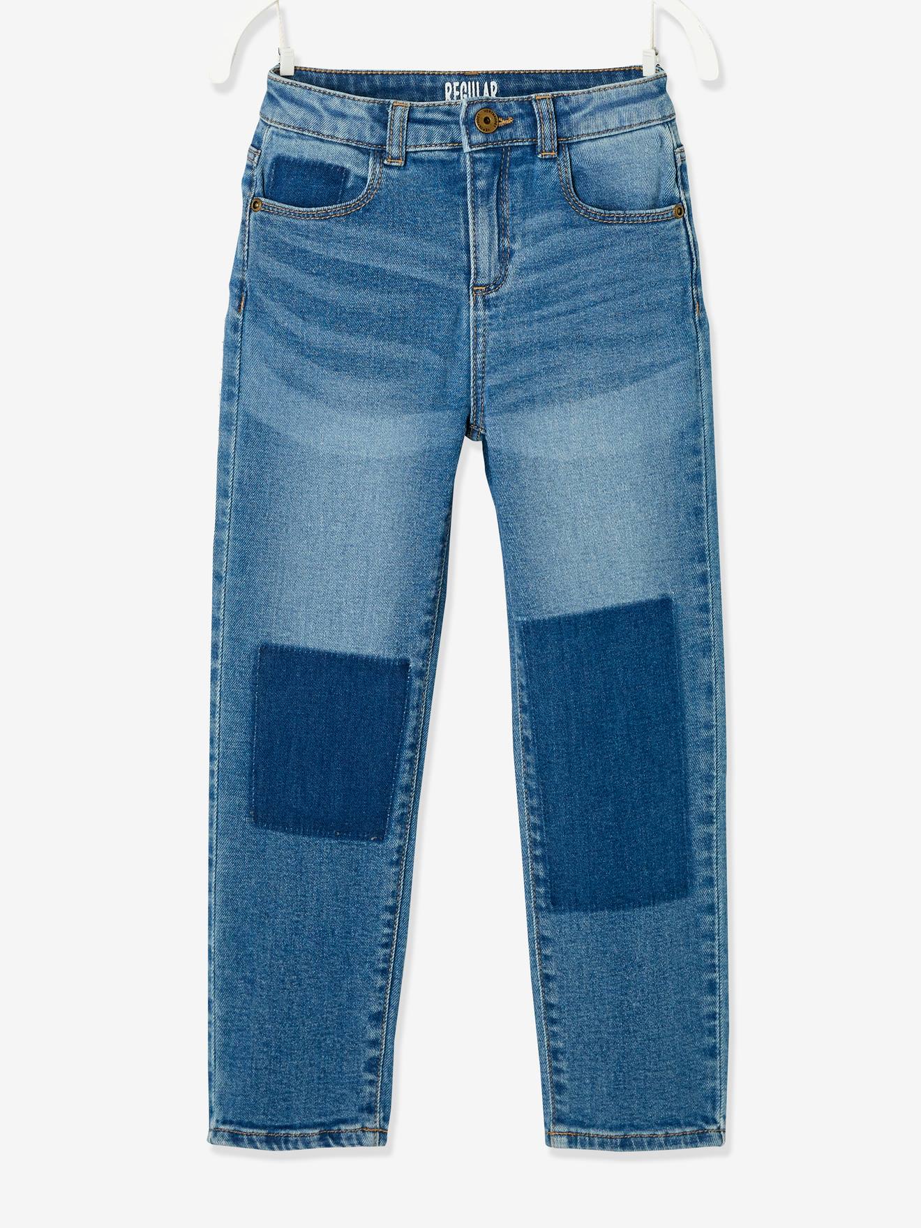 Calça jeans reta com efeito patchwork para meninas, azul médio liso com estampas.