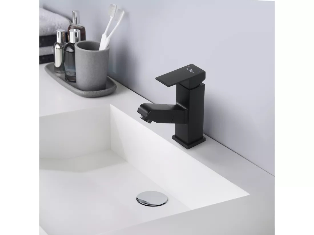 2pcs Mitigeur Lavabo avec Douchette Extractible Robinet Salle De Bain avec 2 Fonctions Robinetterie Mitigeur Eau Chaude Froide pour WC, Noir