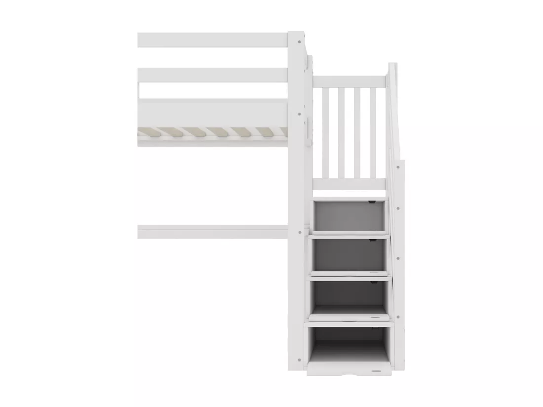 Lit mezzanine en bois de pin - 90x200cm - avec escalier de rangement et bureau - avec sommier à lattes - Blanc