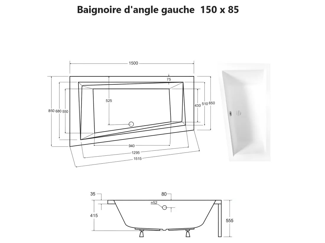 Baignoire asymétrique + tablier noir + repose tête - INTIMA - 150 x 85 cm - Gauche