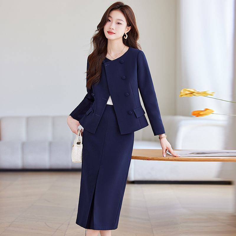 Skyheart - Effen peplum double-breasted blazer / Hoge taille midi-kokerrok / Uitlopende pantalon / Set