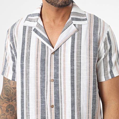 Ensemble Chemise Manches Courtes Et Short Chino Rayures Blanc Beige Bleu