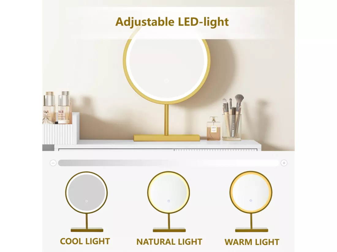 Coiffeuse avec miroir et éclairage LED - 3 tiroirs et une armoire latérale - Blanc(tabouret non inclus)