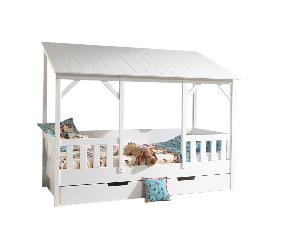 Hausbett - weiß - Bettschublade - Dach in Weiß - 90x200 cm