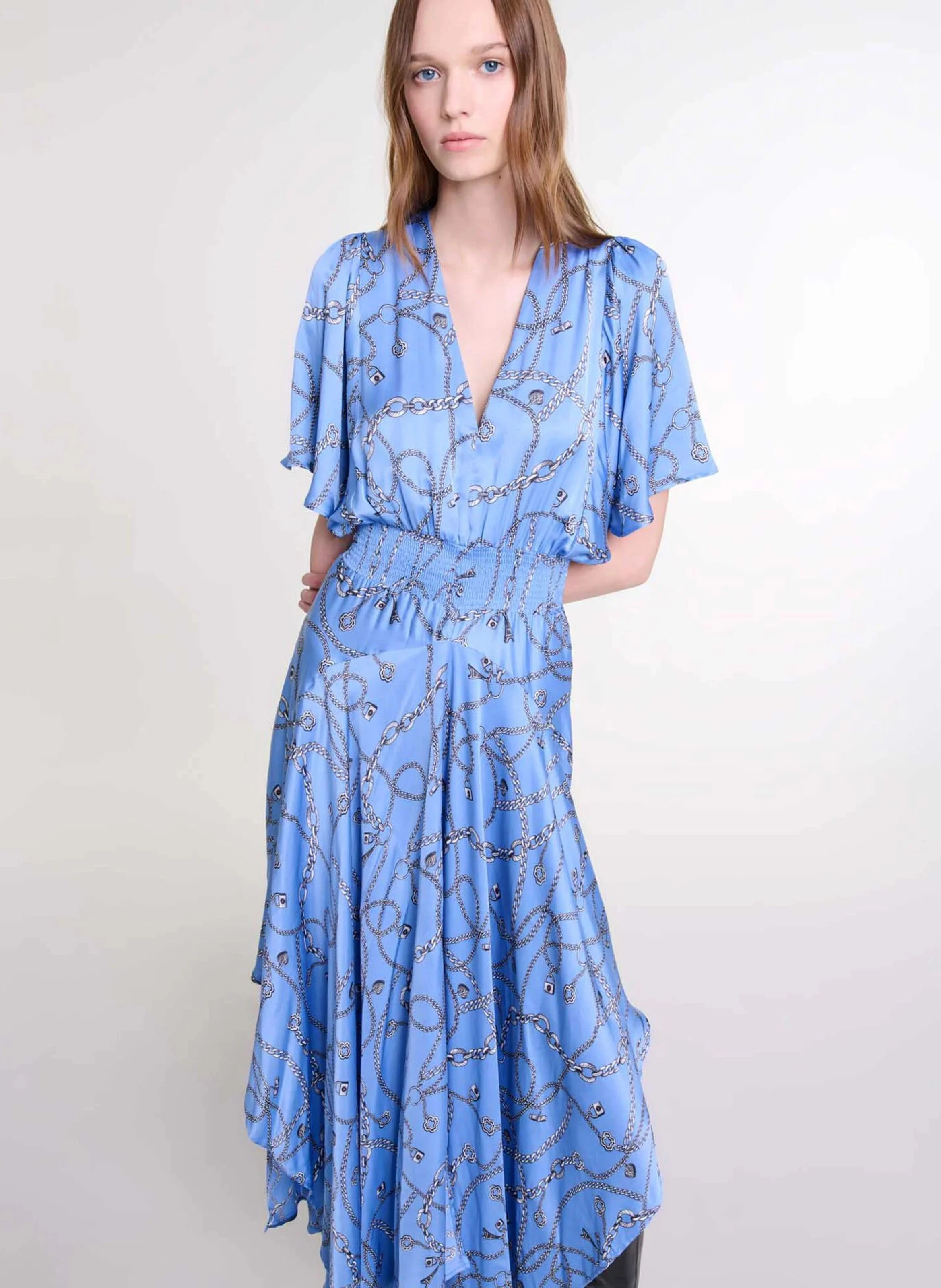 Robe longue col V imprimée | Bleu