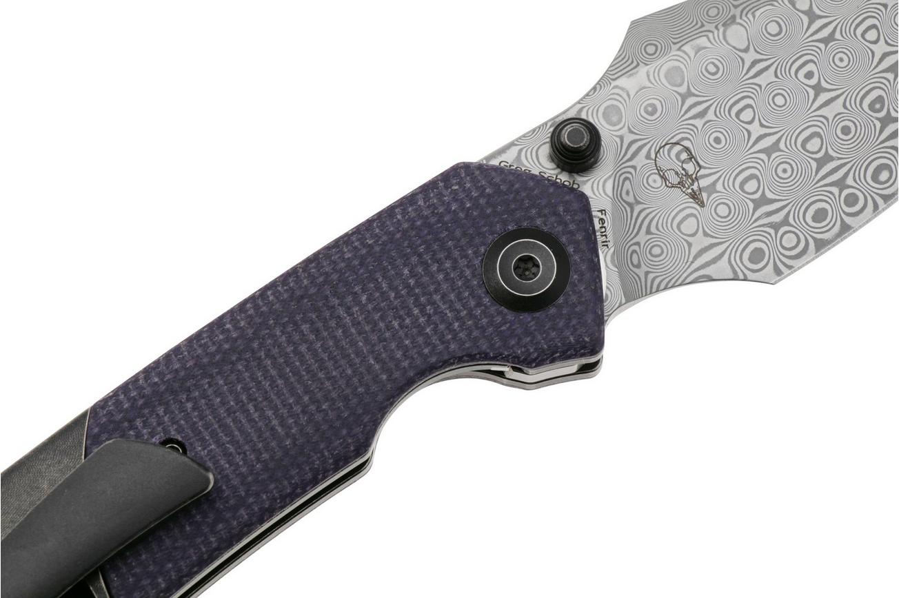 Kansept Fenrir K1034Z2 Damascus, Blackwashed Titanium, Purple Micarta, zakmes, Greg Schob design