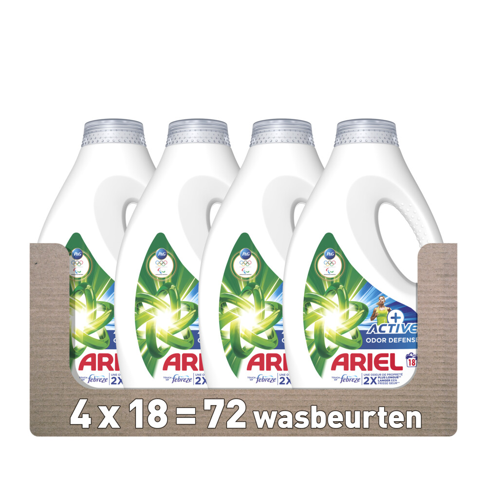 4x Ariel Vloeibaar Wasmiddel +Actieve Odor Defense 18 Wasbeurten810 ml