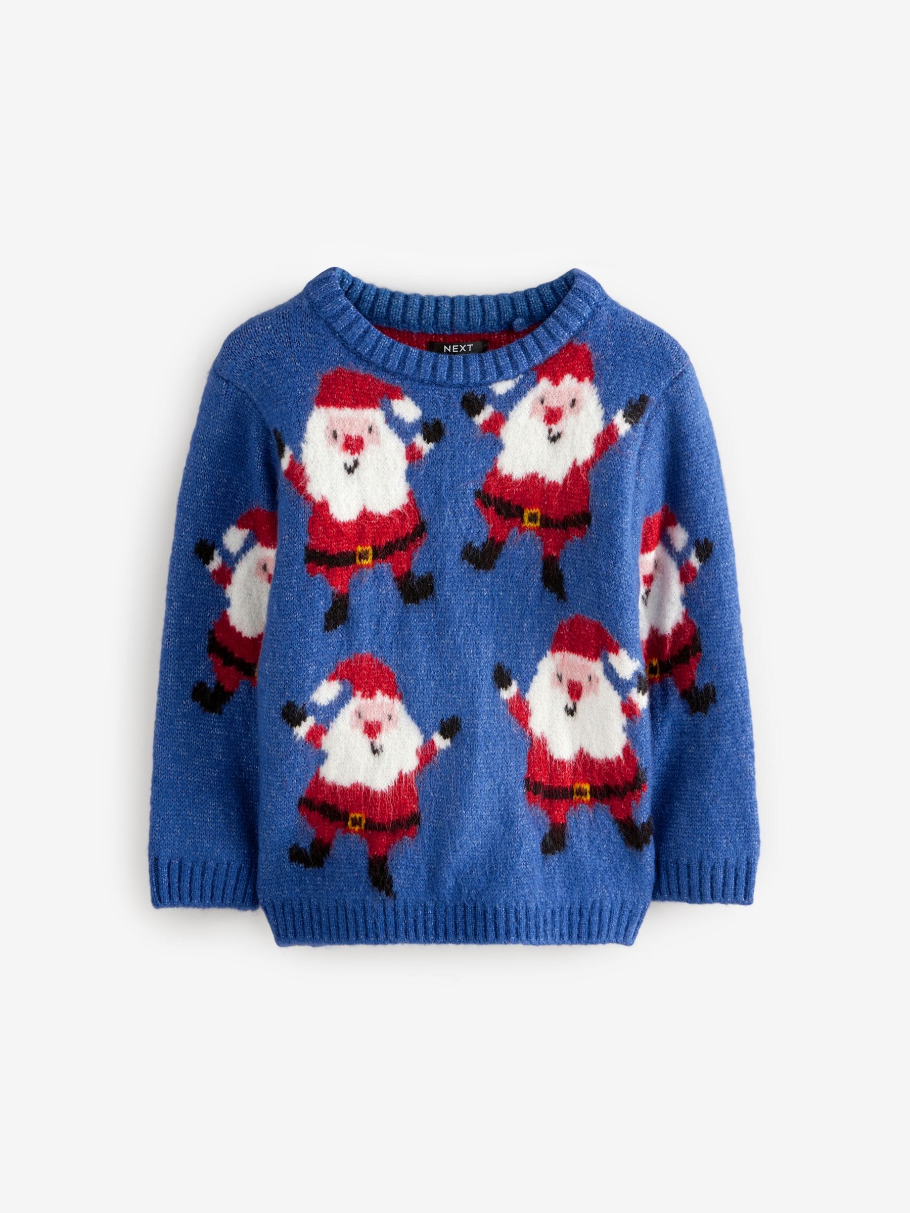 Blauw met kerstman - Kersttrui met ronde hals (3 mnd - 7 jr)