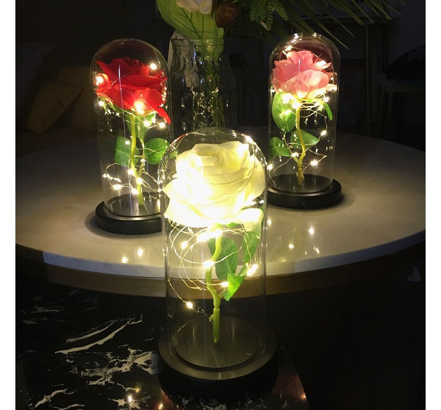 HOMTEC - Kunstbloem met glazen koepeldisplay en lichtsnoer