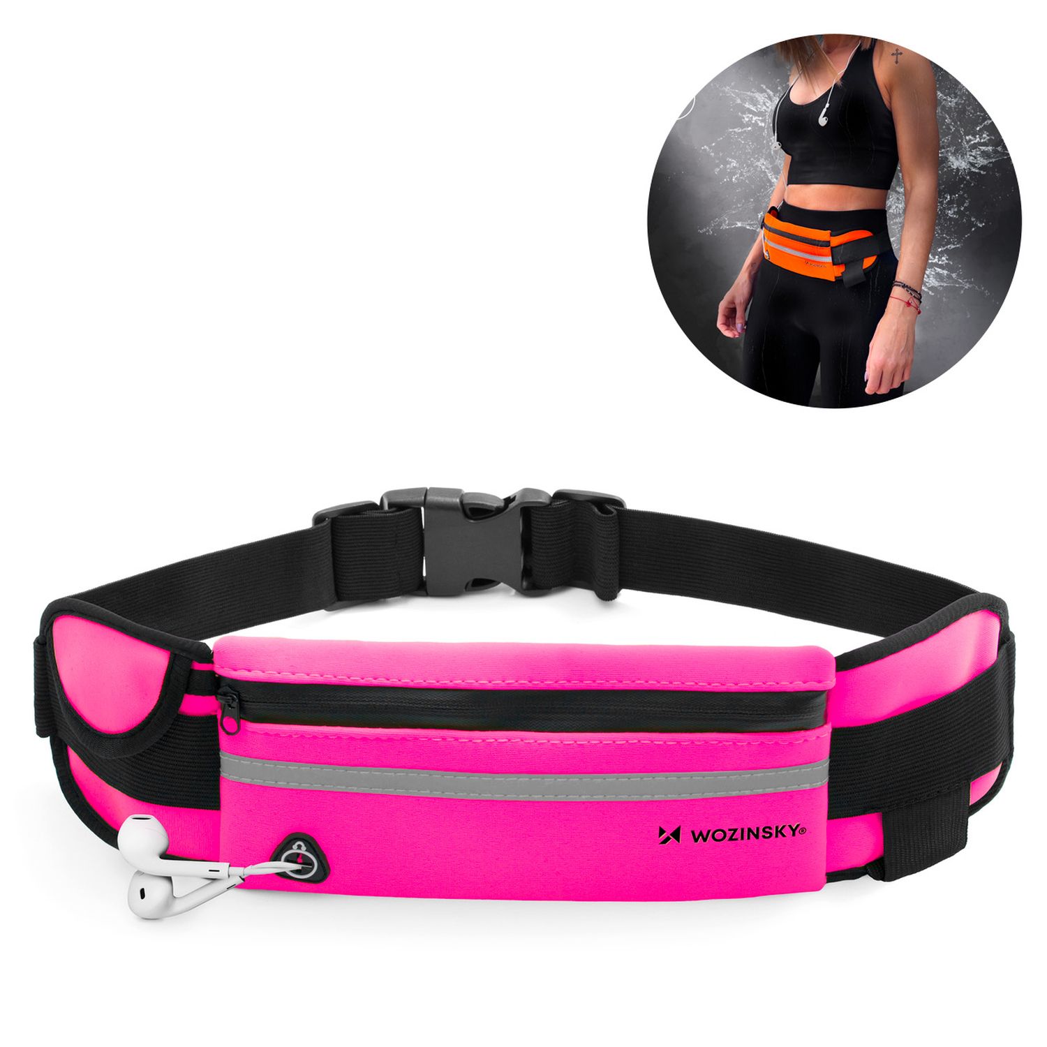 Neopren Laufgürtel Bauchtasche mit Reflektor, zwei Taschen Rosa