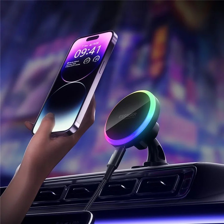 (15W) Selbstklebende MagSafe Auto KFZ Ladegerät Halterung Dashboard Smartphone Ständer für Lüftungsgitter Air Frame mit LED Beleuchtung - Schwarz