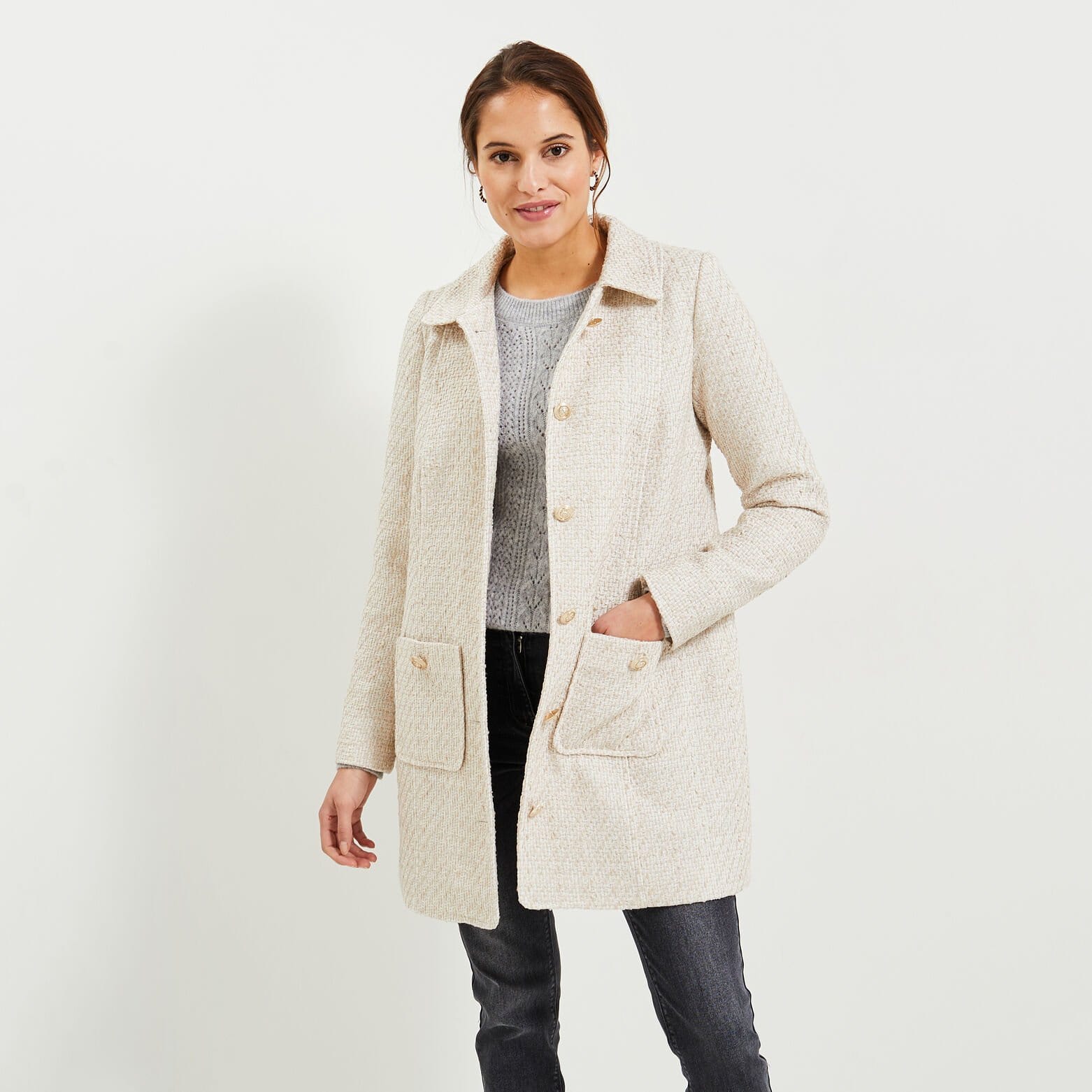 Manteau mi-long en tweed femme